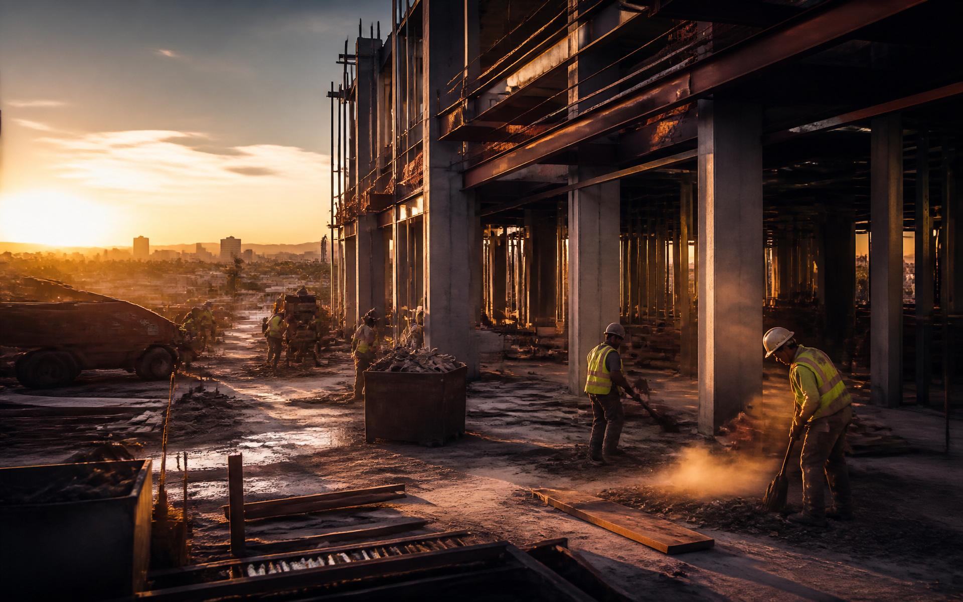 Construction cleanup crew at a Phoenix commercial jobsite at sunset